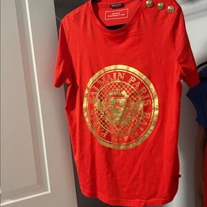 Balmain Red T‑Shirt with Gold Emblem and Shoulder Buttons